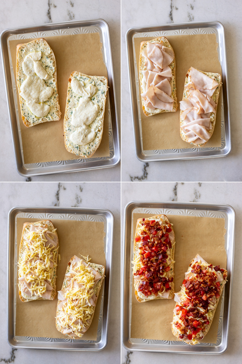 Collage of four photos with step by step pics of how to assemble kentucky hot brown garlic bread