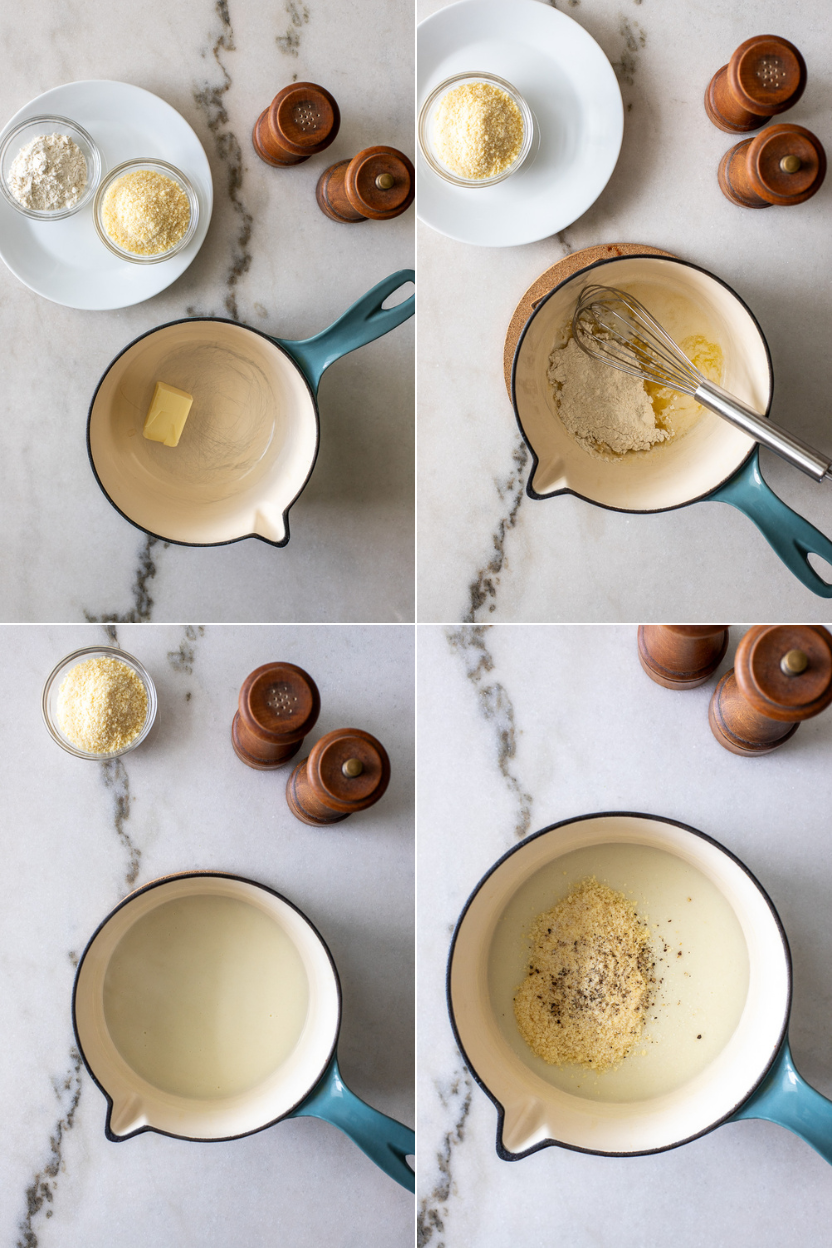 Collage of four photos of steps to make mornay sauce