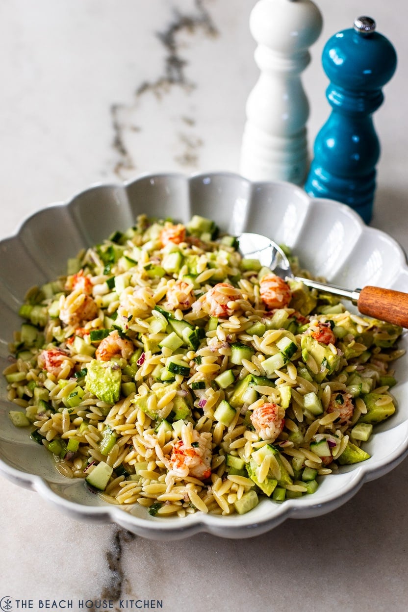 Up close photo of a bowl of Lobster Orzo Salad