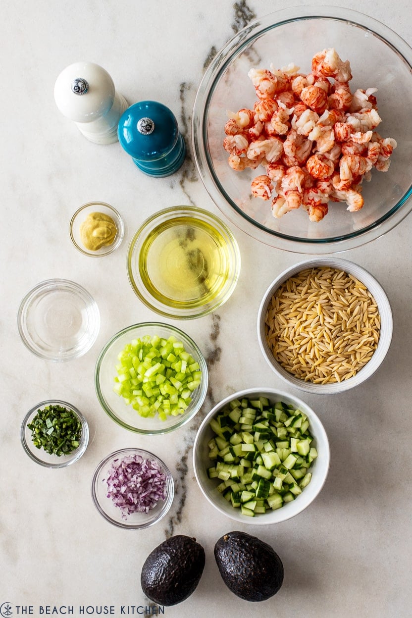 Overhead photo of ingredients for lobster orzo salad