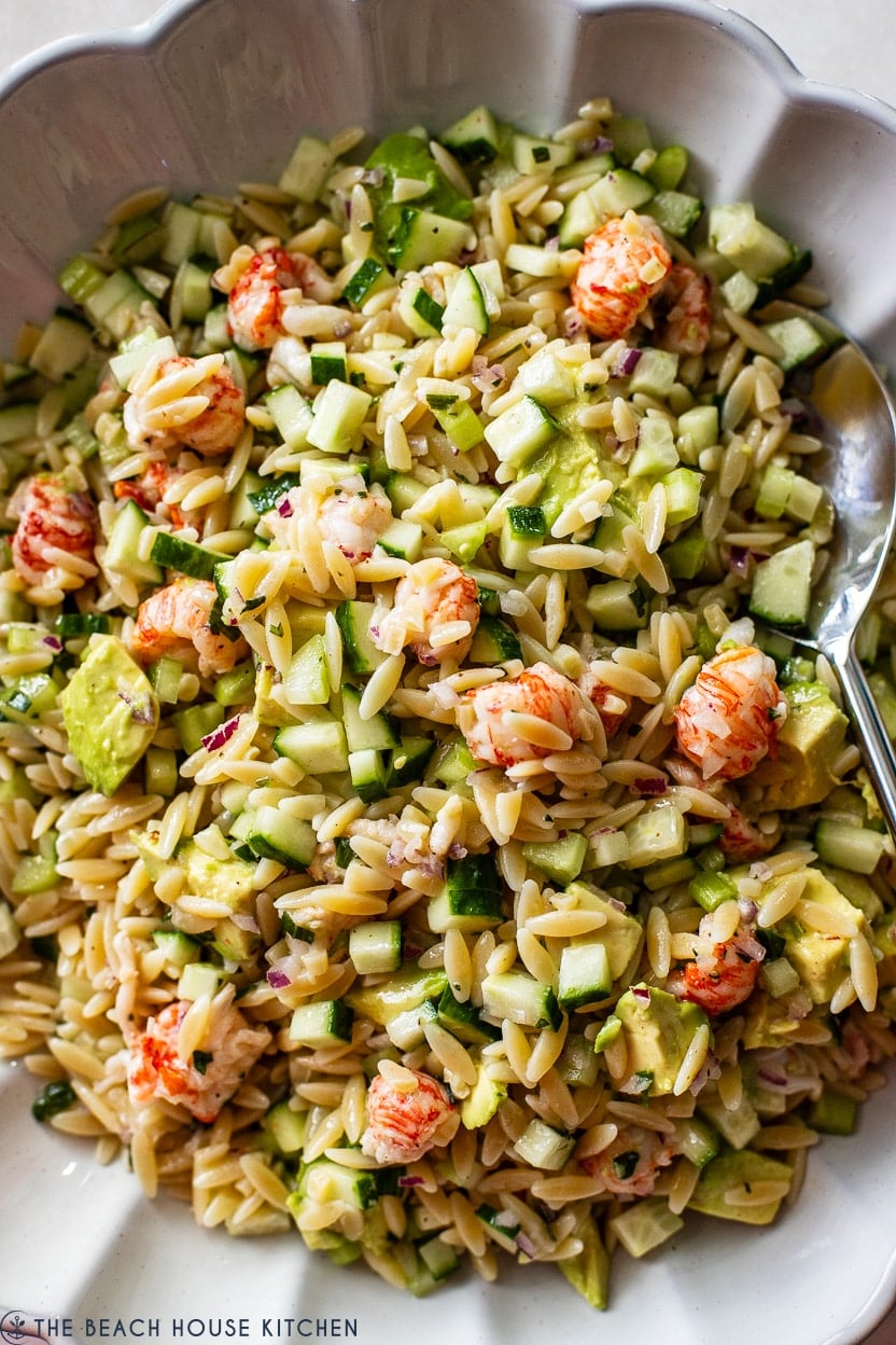 Up close overhead photo of a lobster orzo salad with tarragon vinaigrette