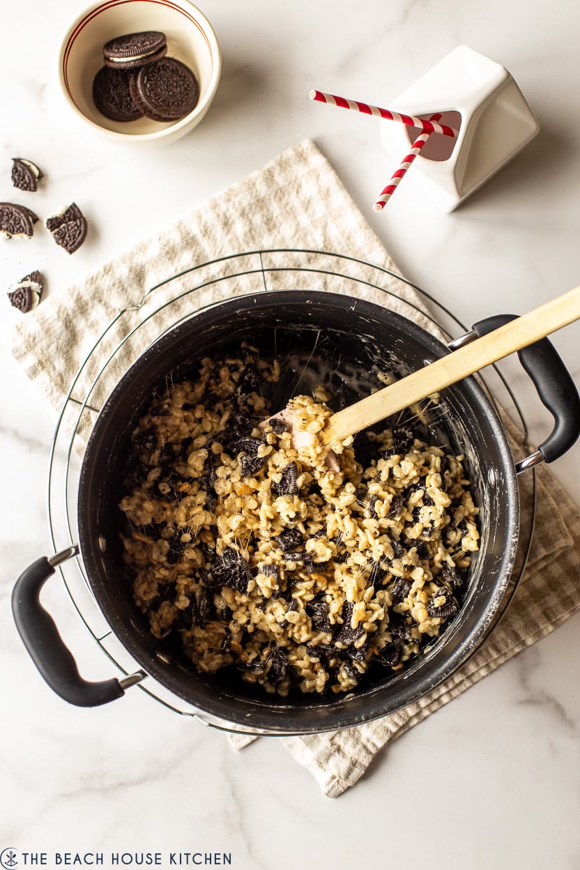 Overhead photo of a pot filled with oreo rice krispie treat mixture