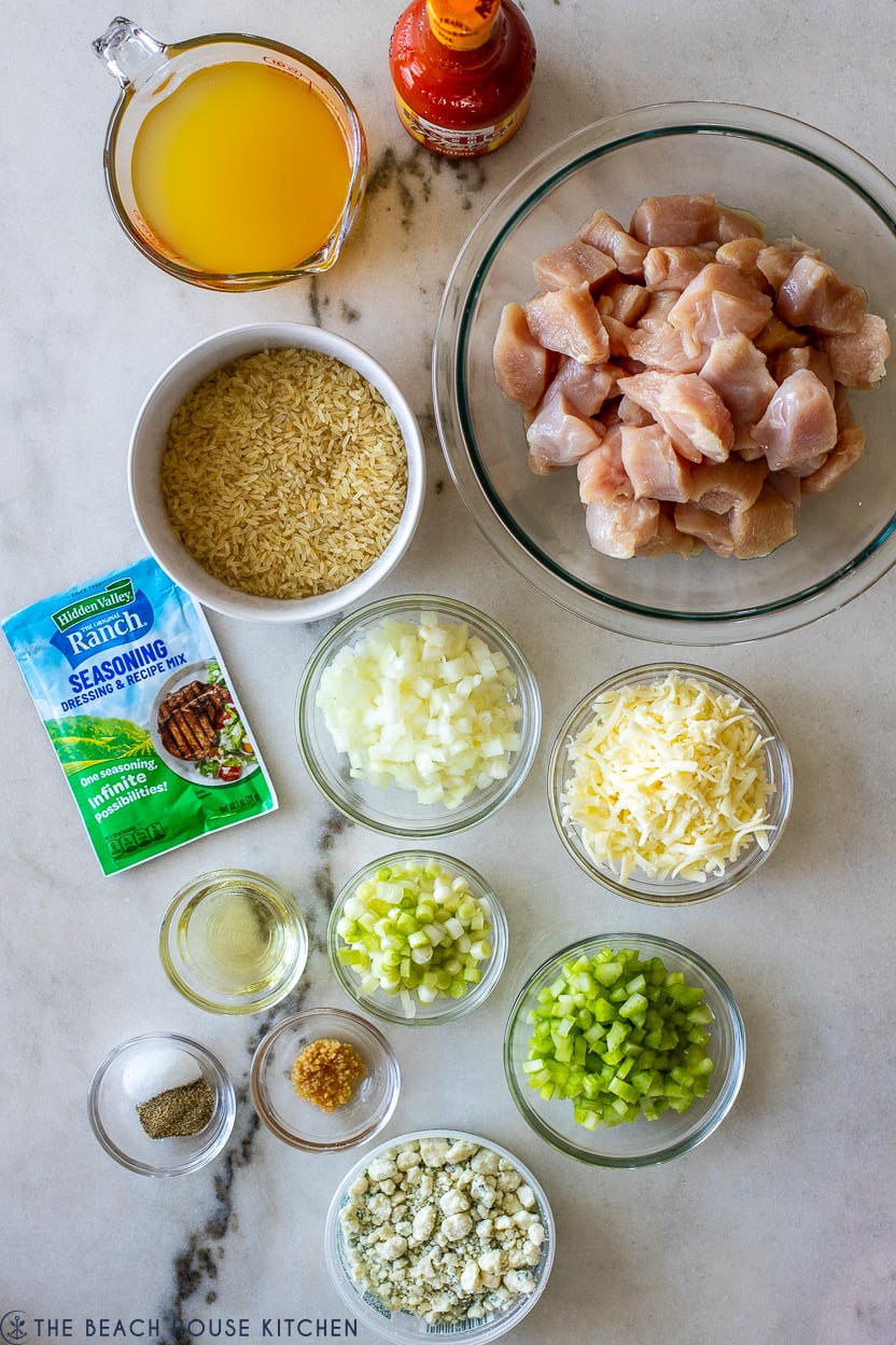 Overhead photo of ingredients for baffalo chicken and rice dish