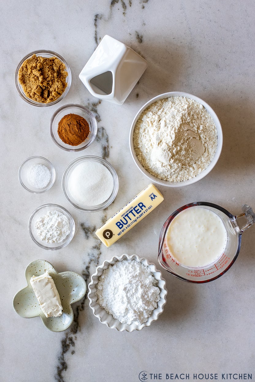 Overhead photo of ingredients for cinnamon swirl butter swim biscuits