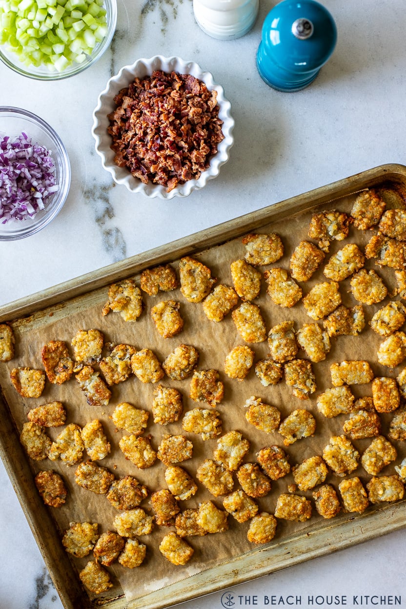 Overhead photo of a tray of baked tater tots, a small bowl of bacon bits, chopped red onion and celery