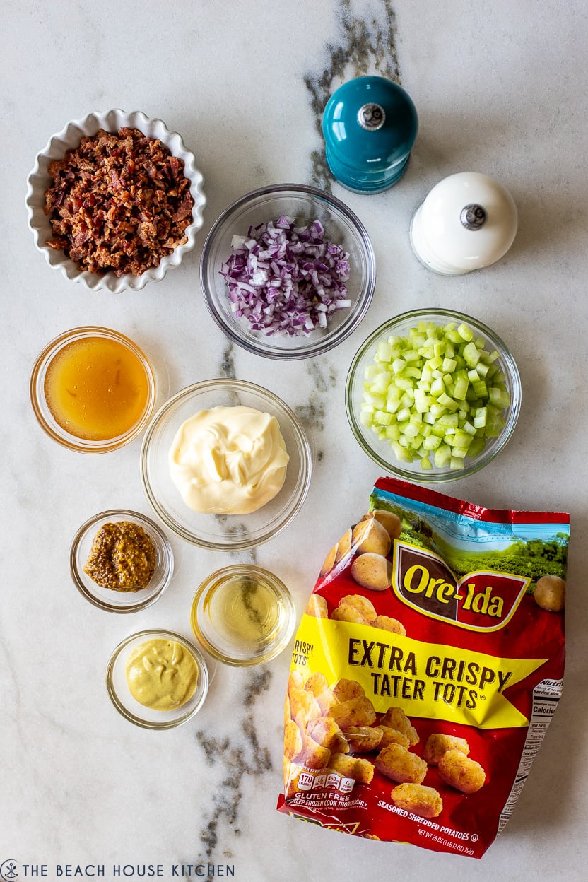 Overhead photo of ingredients for honey mustard smashed tater tot salad