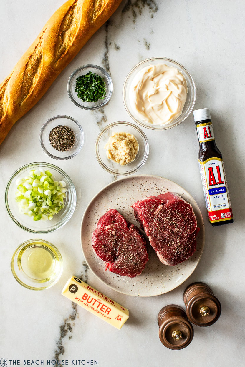 Overhead photo of ingredients for steak croctini bites