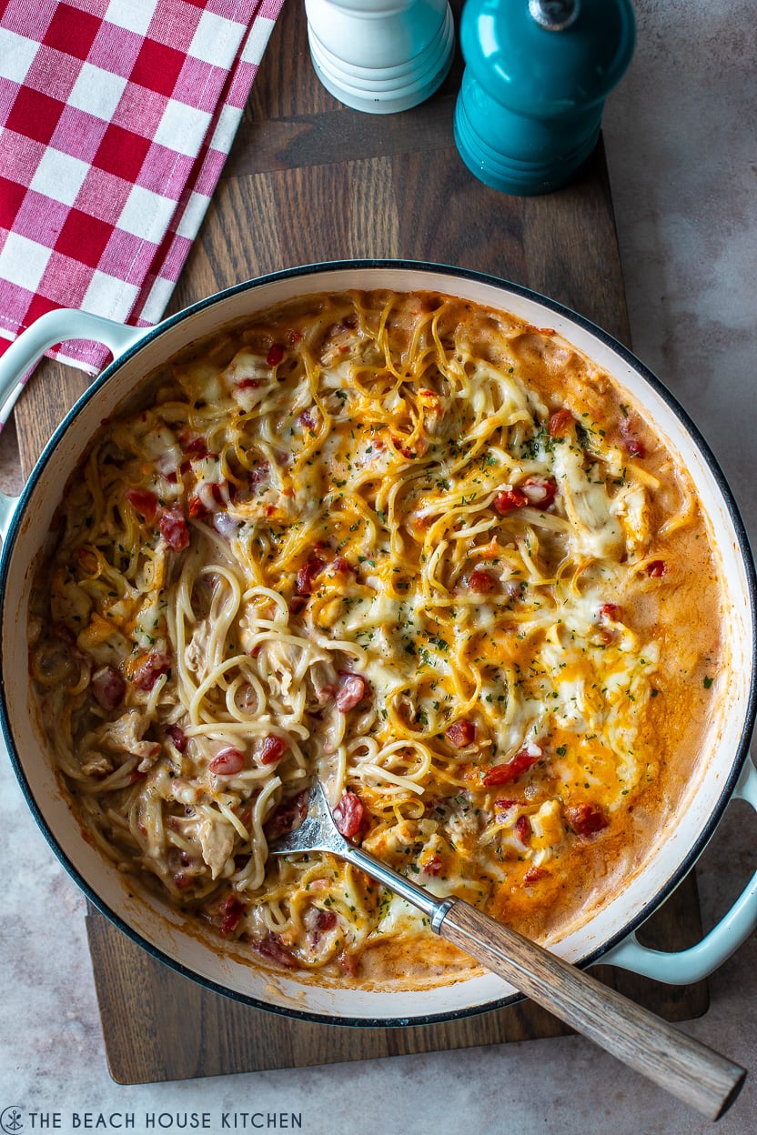 Overhead photo of chicken spaghetti in a round baking dish