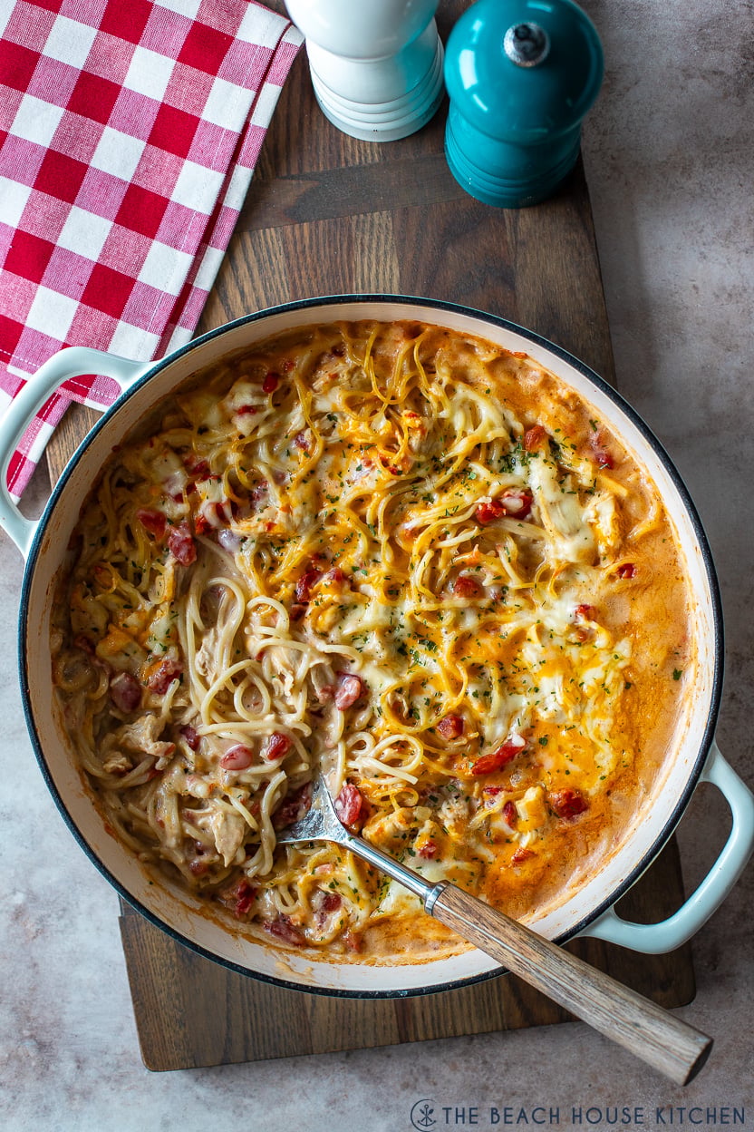 Overhead photo of a skillet of chicken spaghetti