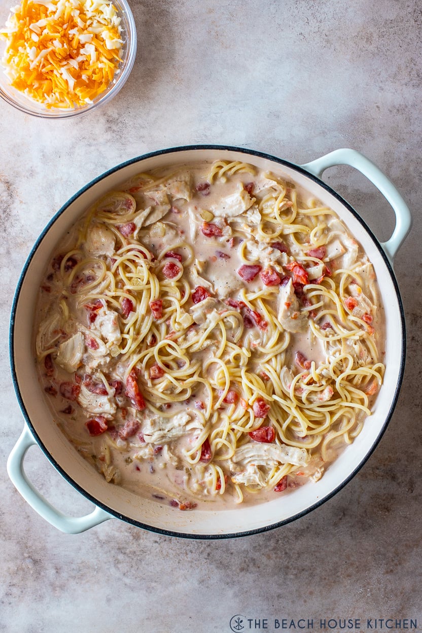 Overhead photo of a pre-baked skillet of chicken spaghetti