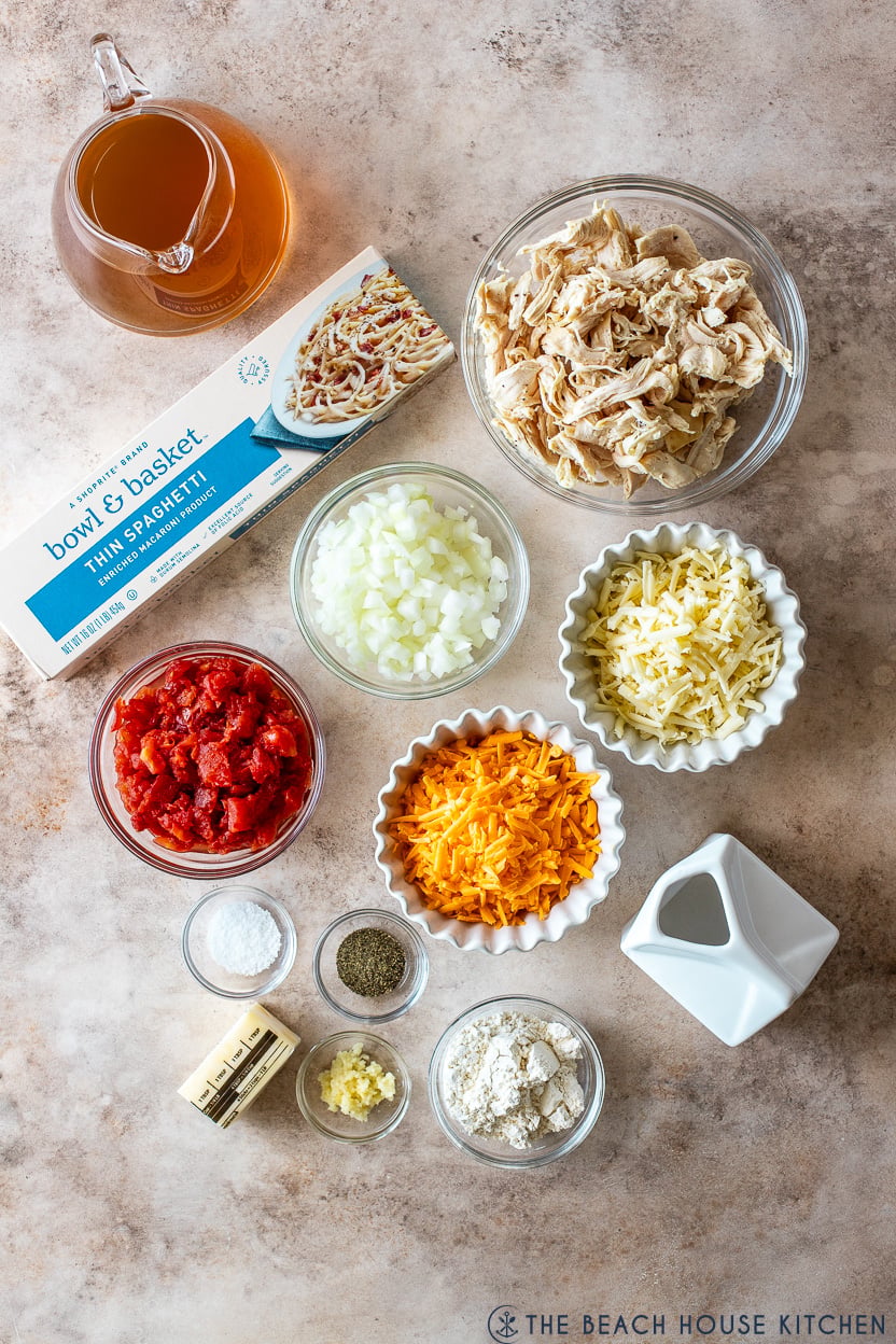 Overhead photo of ingredients for chicken spaghetti