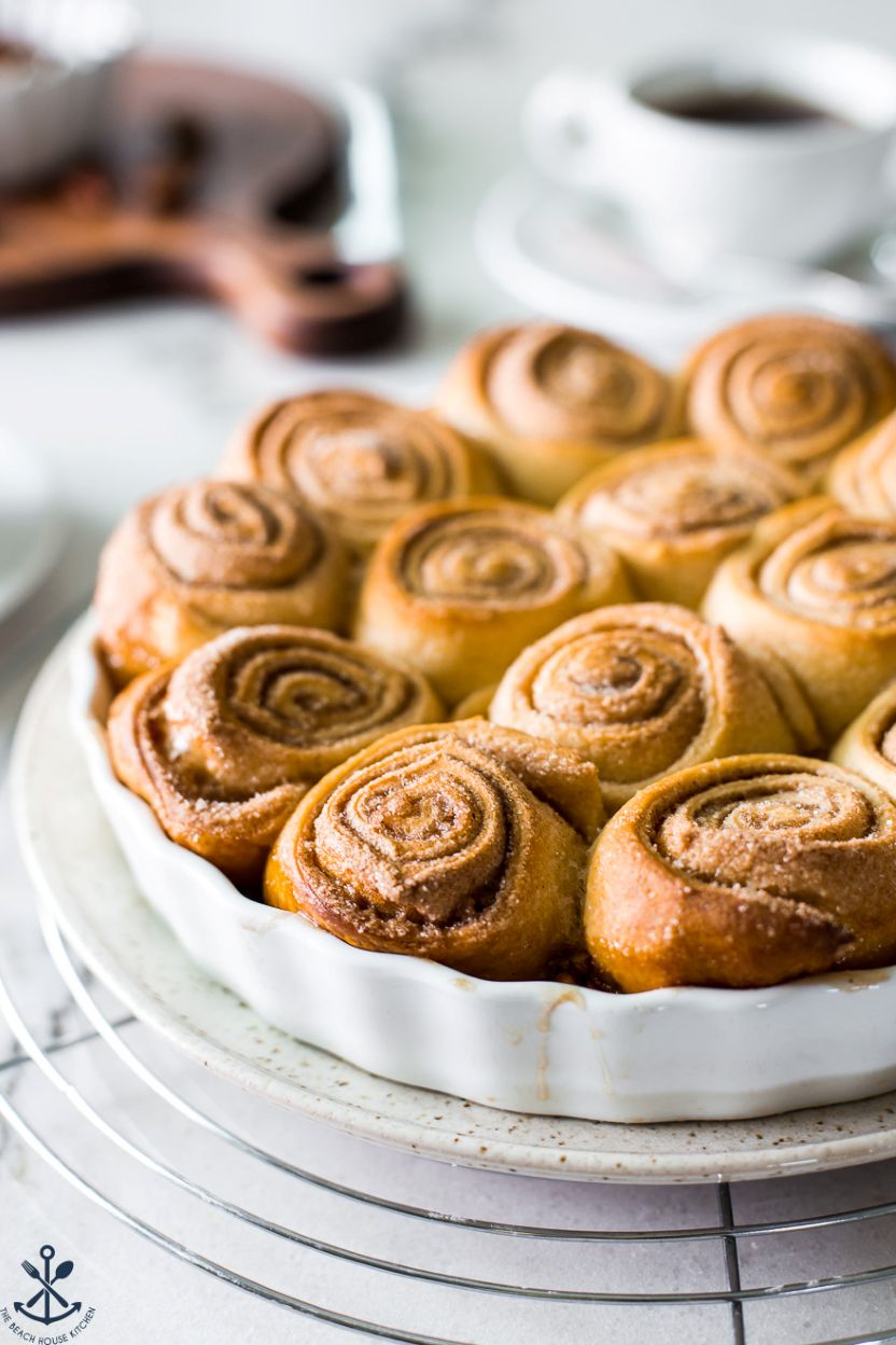Up close photo of a baking dish of sticky buns