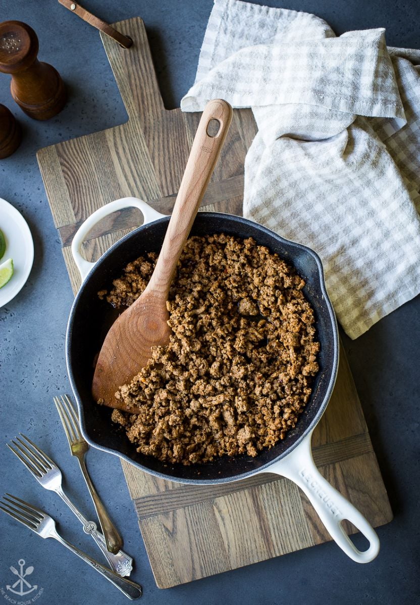 Overhead photo of a skillet of cooked ground turkey meat