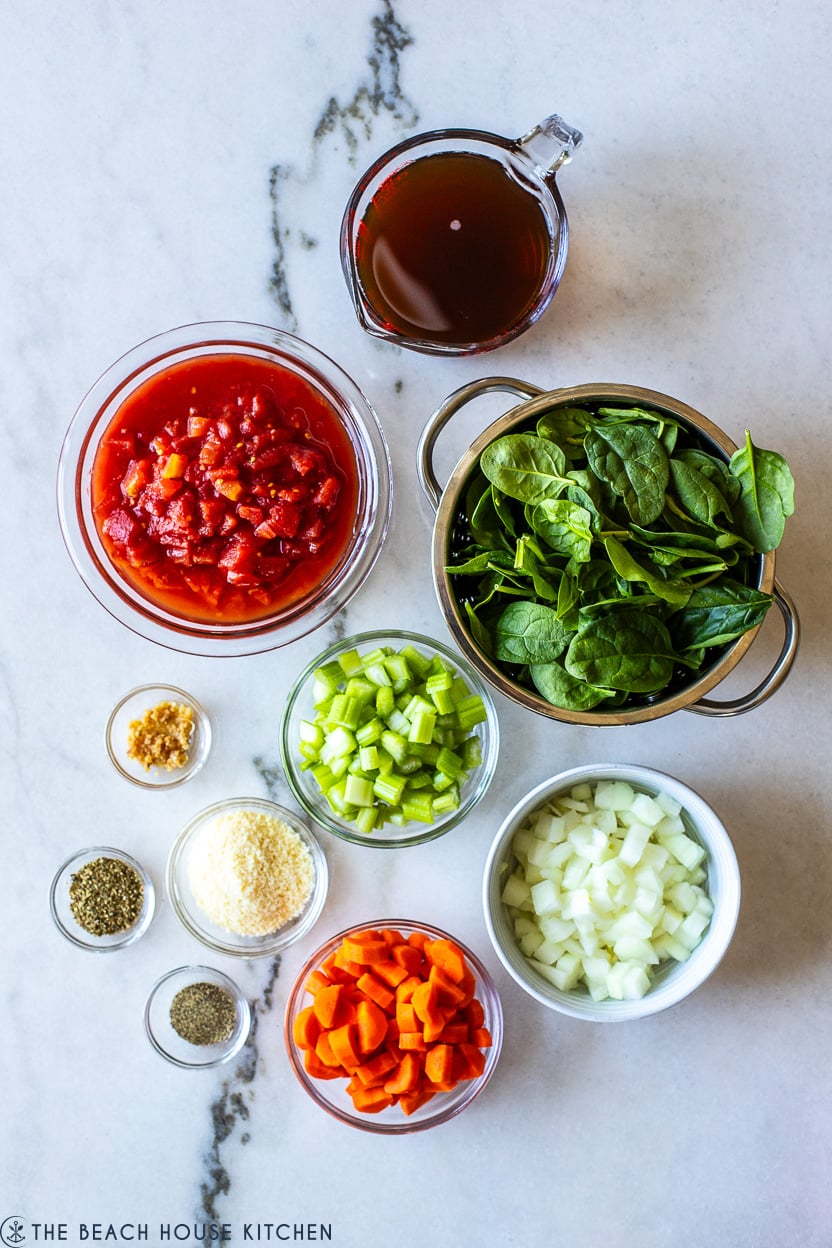 Overhead photo of ingredients for Slow Cooker Italian Meatball Soup