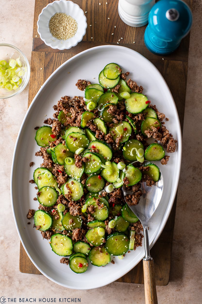 Overhead photo of a platter of Stir-Fried Cucumber and Beef