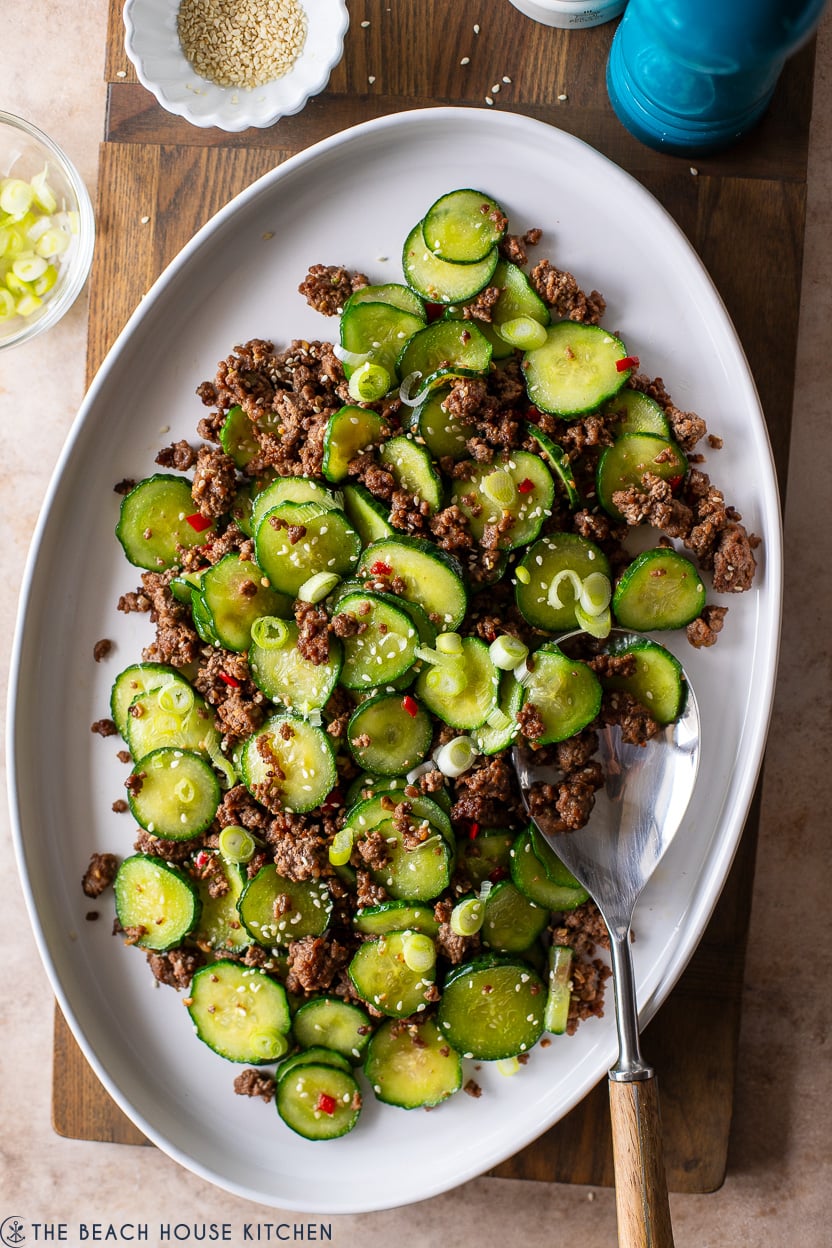 Up close overhead photo of Stir-Fried Cucumber and Beef