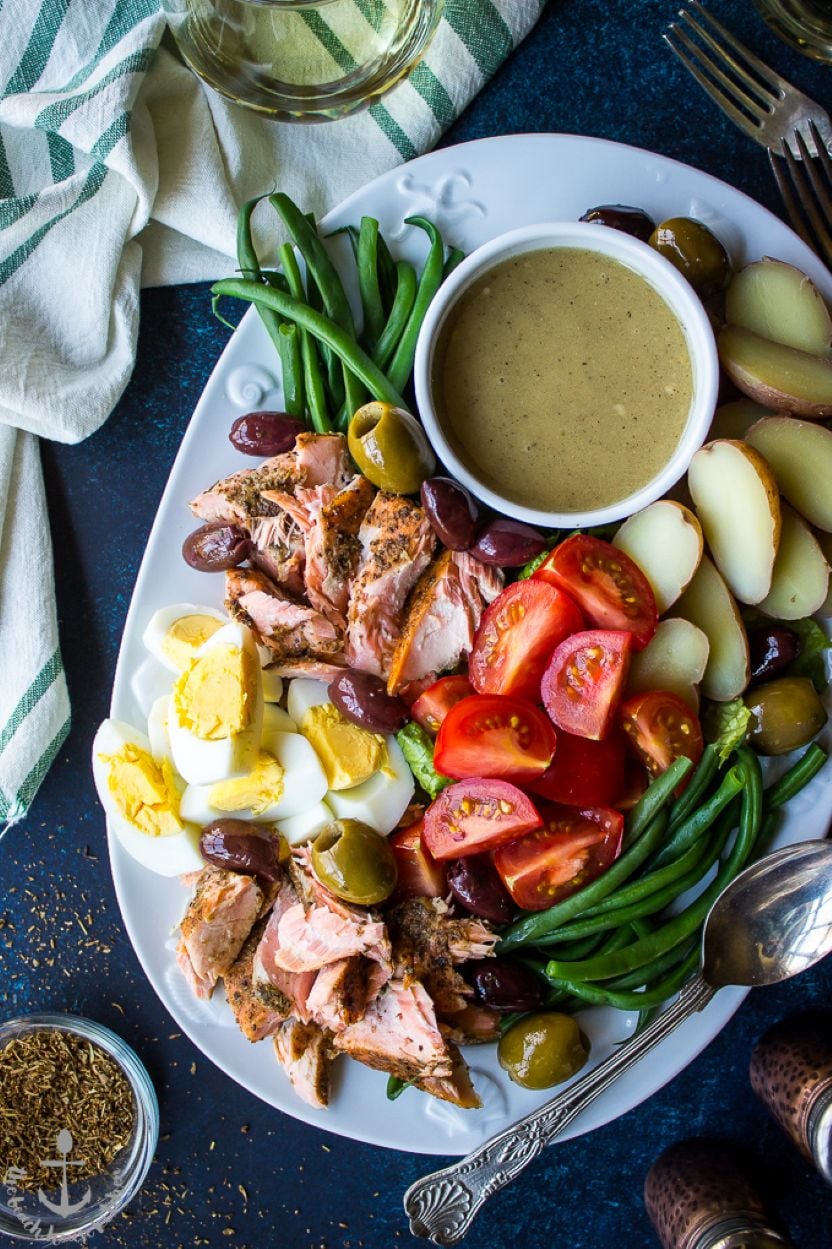 Up close overhead photo of a Salmon Niçoise Salad with Dijon Vinaigrette