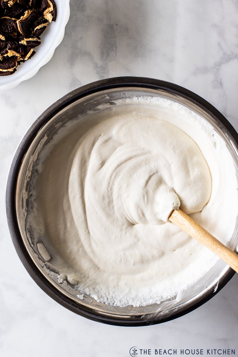 Overhead photo of a bowl filled with vanilla ice cream