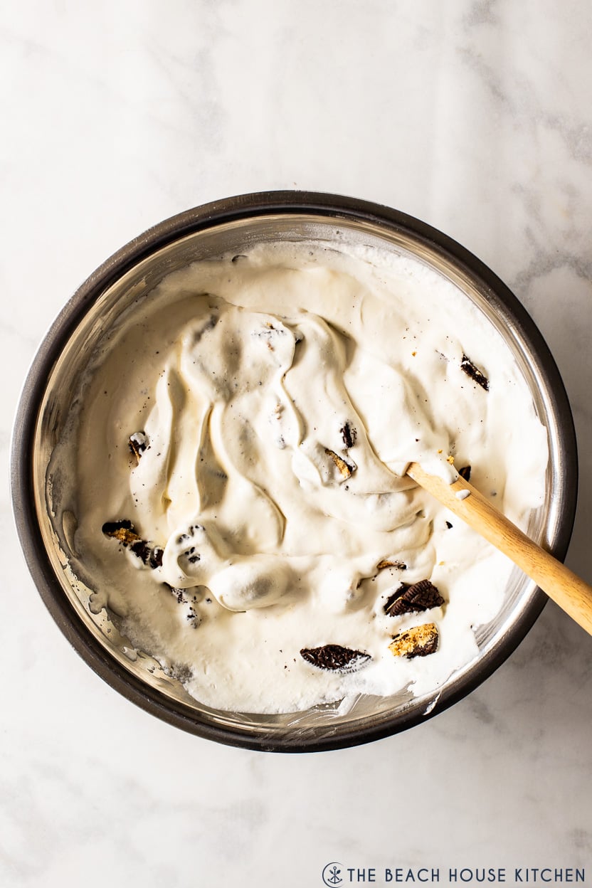 Overhead photo of a bowl of shlow churn oreo ice cream