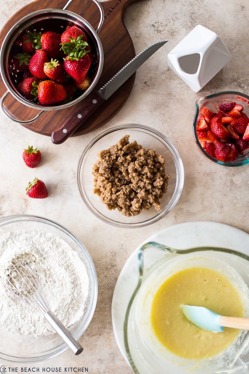 Overhead photo of ingredients for a strawberry buckle