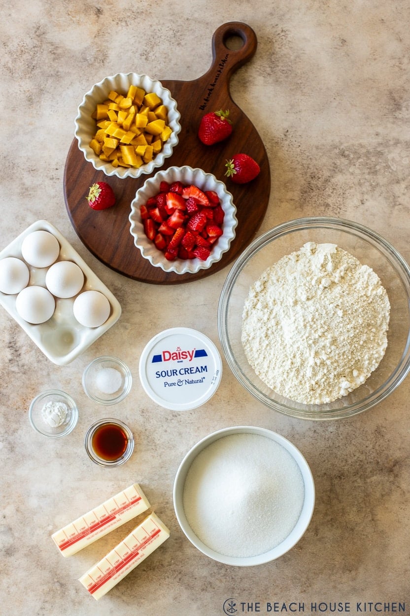 Overhead photo of ingredients for strawberry mango pound cake