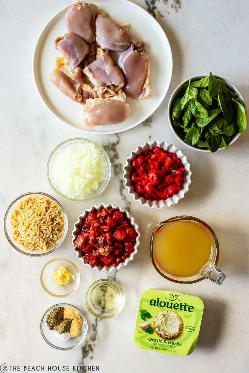 Overhead photo of ingrdients for Cheesy Garlic and Herb Chicken with Orzo