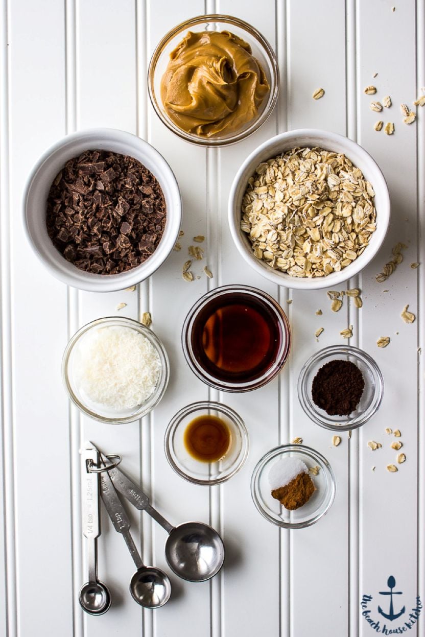 Overhead photo of ingredients for chocolate espresso almond eergy bites