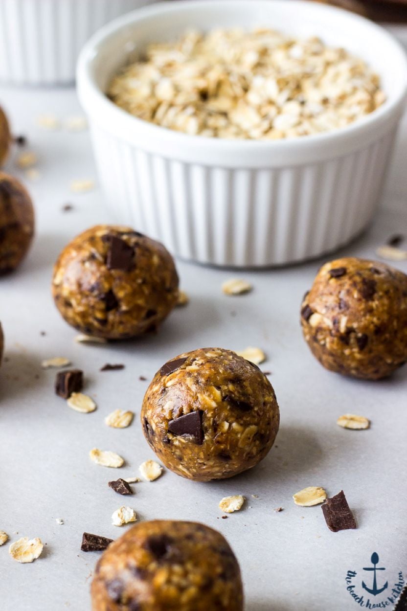 Up close phopto of a few chocolate almond espresso energy bites