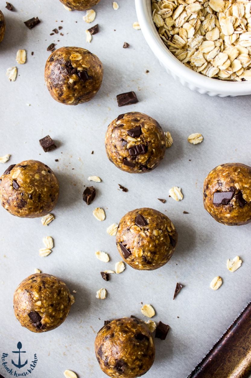 Overhead photo of chocolate espresso almond energy bite balls on a tray