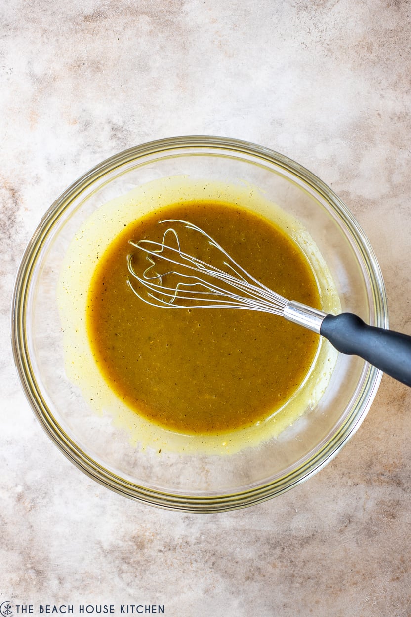 Overhead photo of a bowl of honey dijon marinade