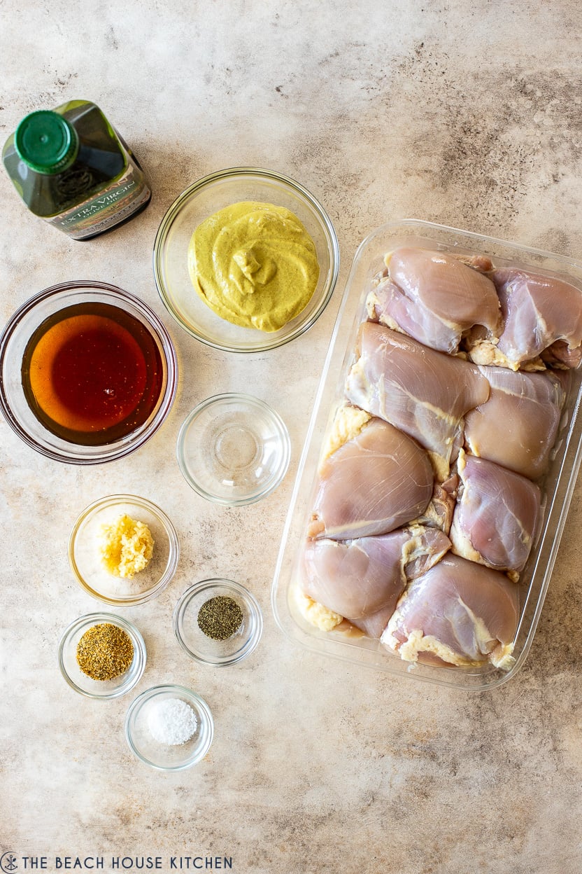 Overhead photo of ingredients for honey dijon chicken thighs