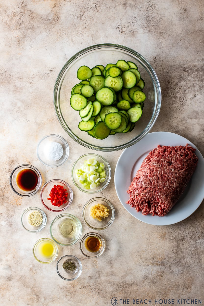 Overhead photo of ingredients for Stir-Fried Cucumber and Beef