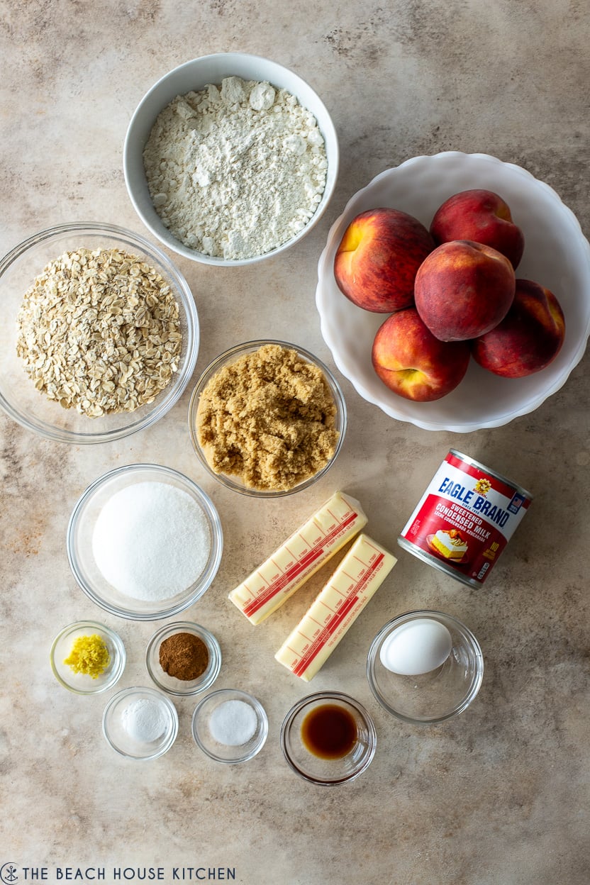 Overhead photo of ingredients for peach streusel bars