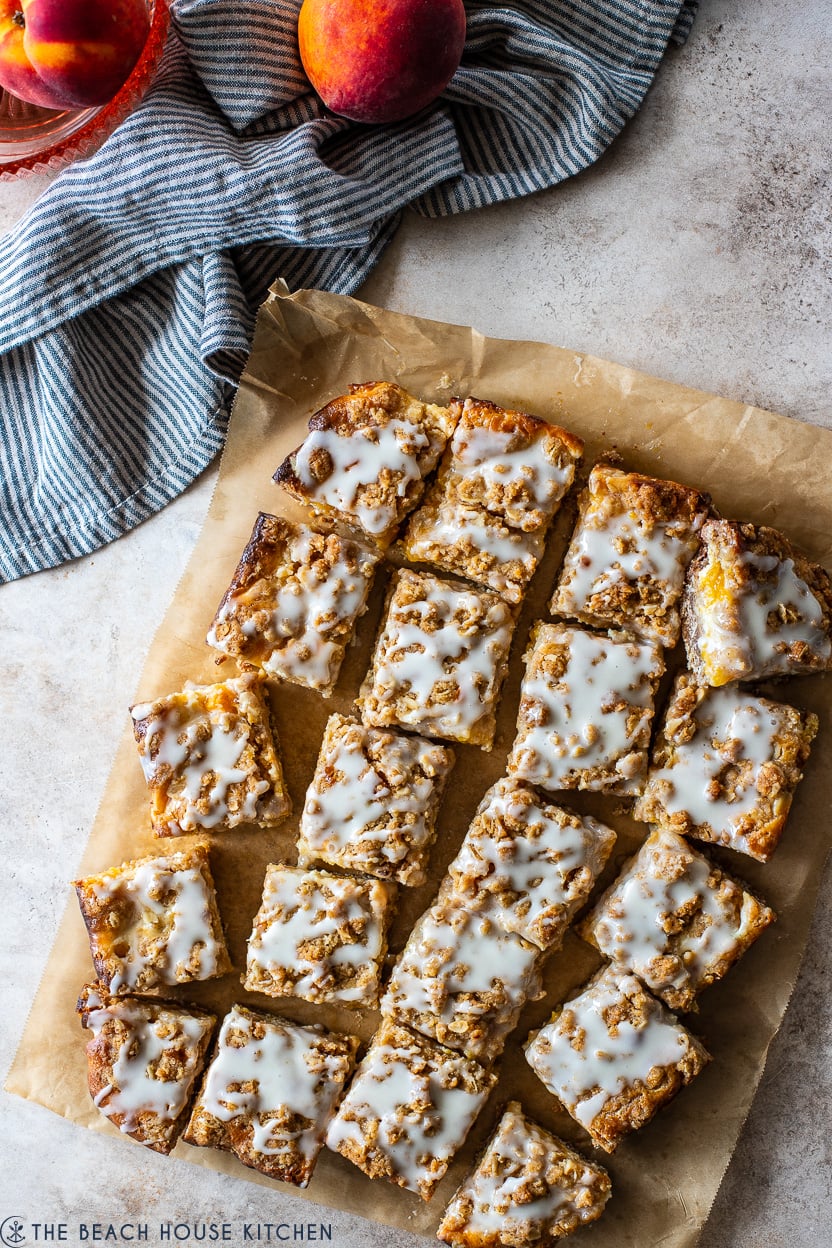 Overhead photo of squares of peach streusel bars
