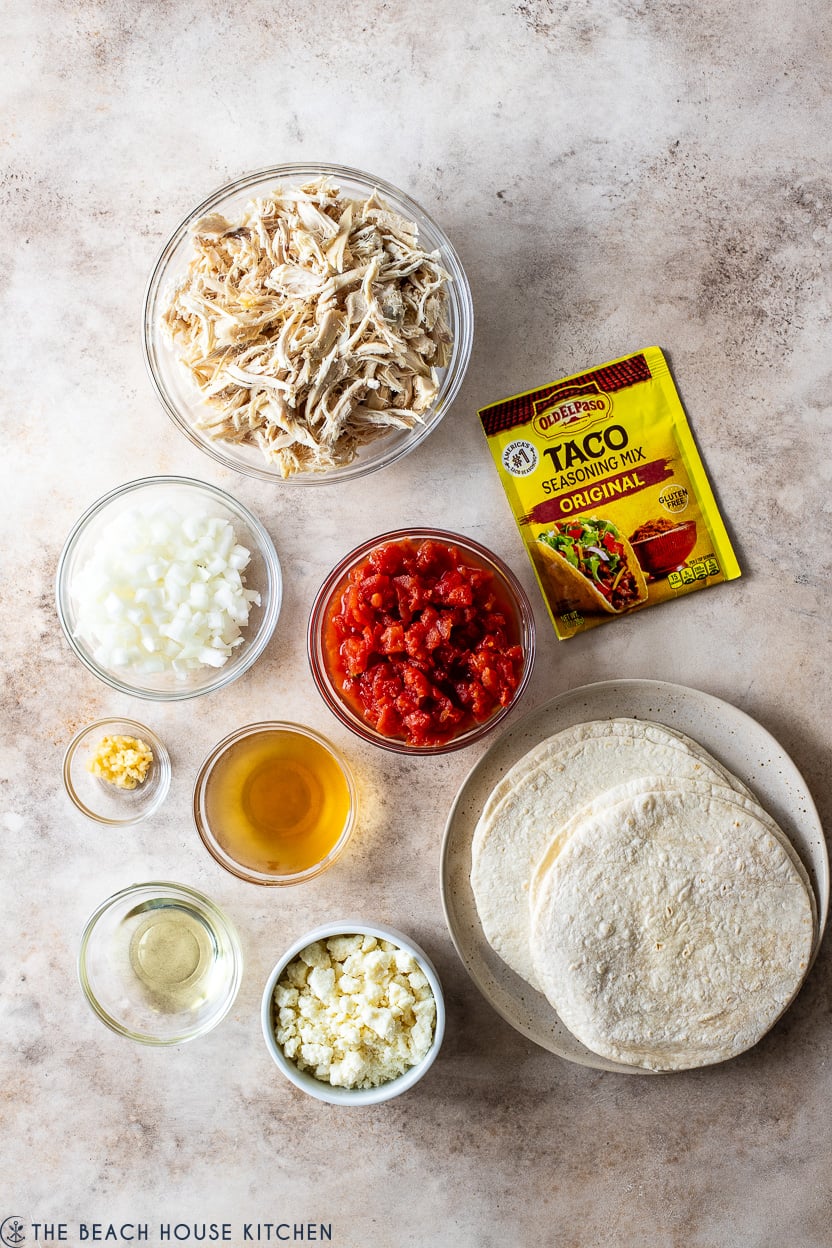 Overhead photo of ingredients for chicken tacos