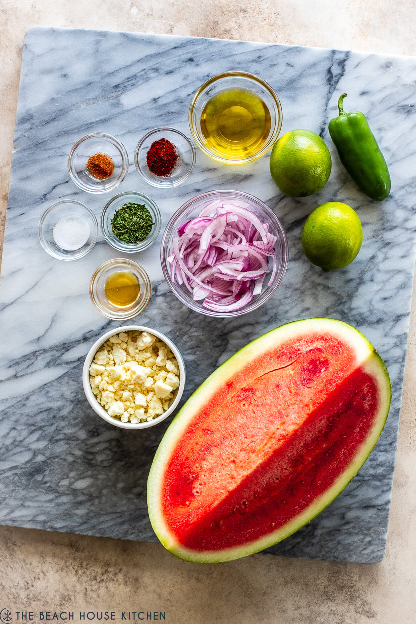 Overhead photo of ingredients for a spicy watermelon salad