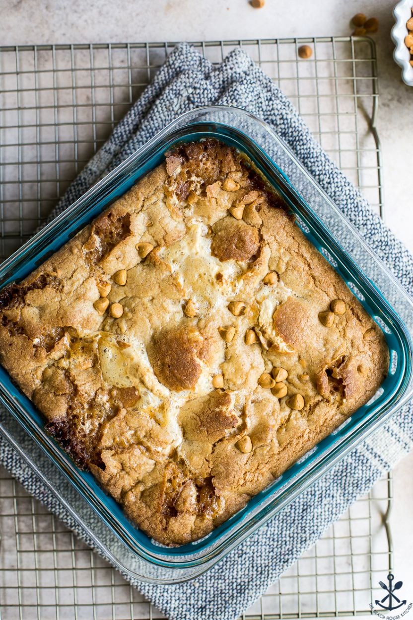 Up close overhead photo of a baking dish of marshmallow butterscotch blondie bars