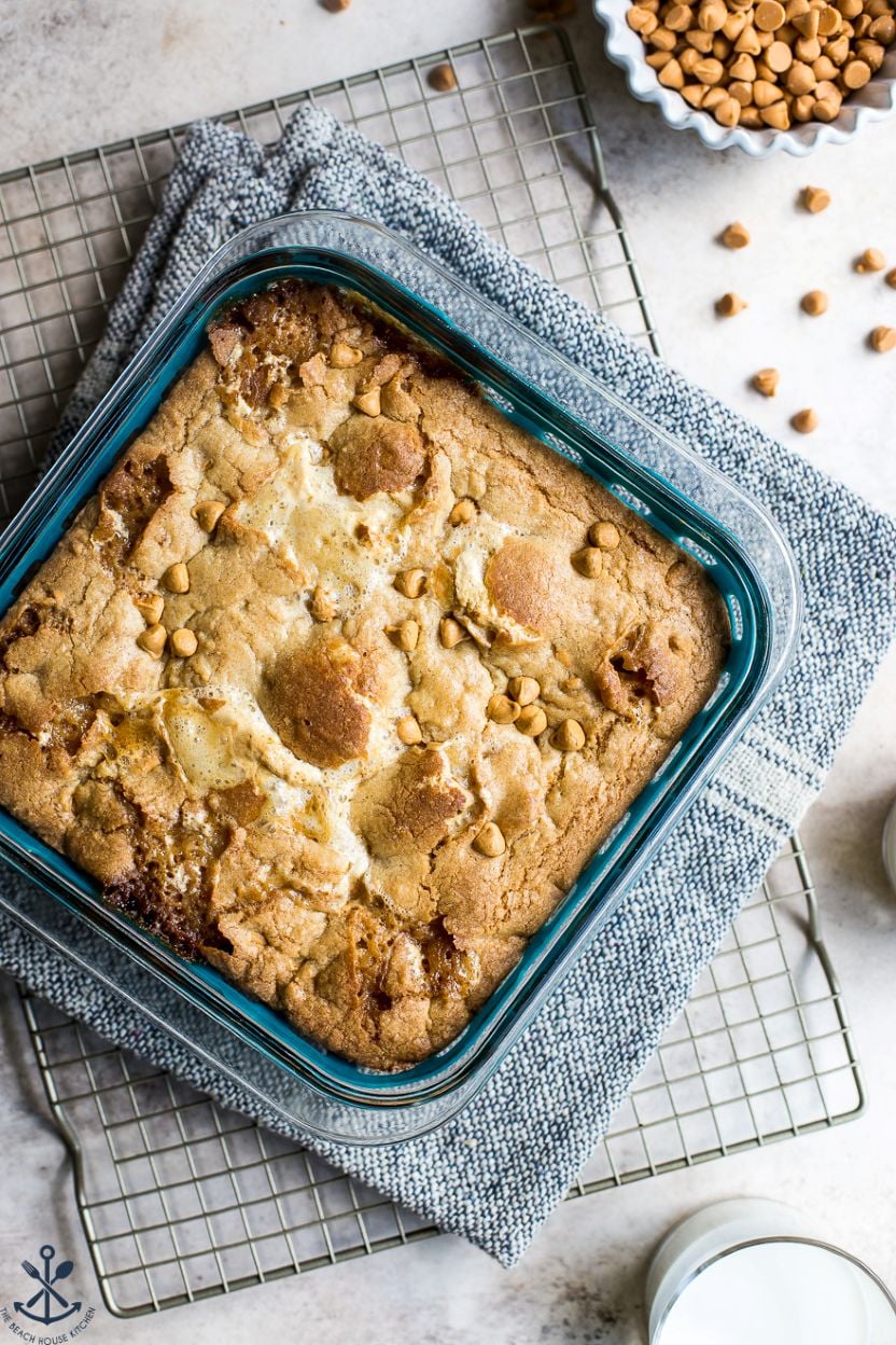 Overhead photo of a baking dish of marshmallow butterscotch blondies