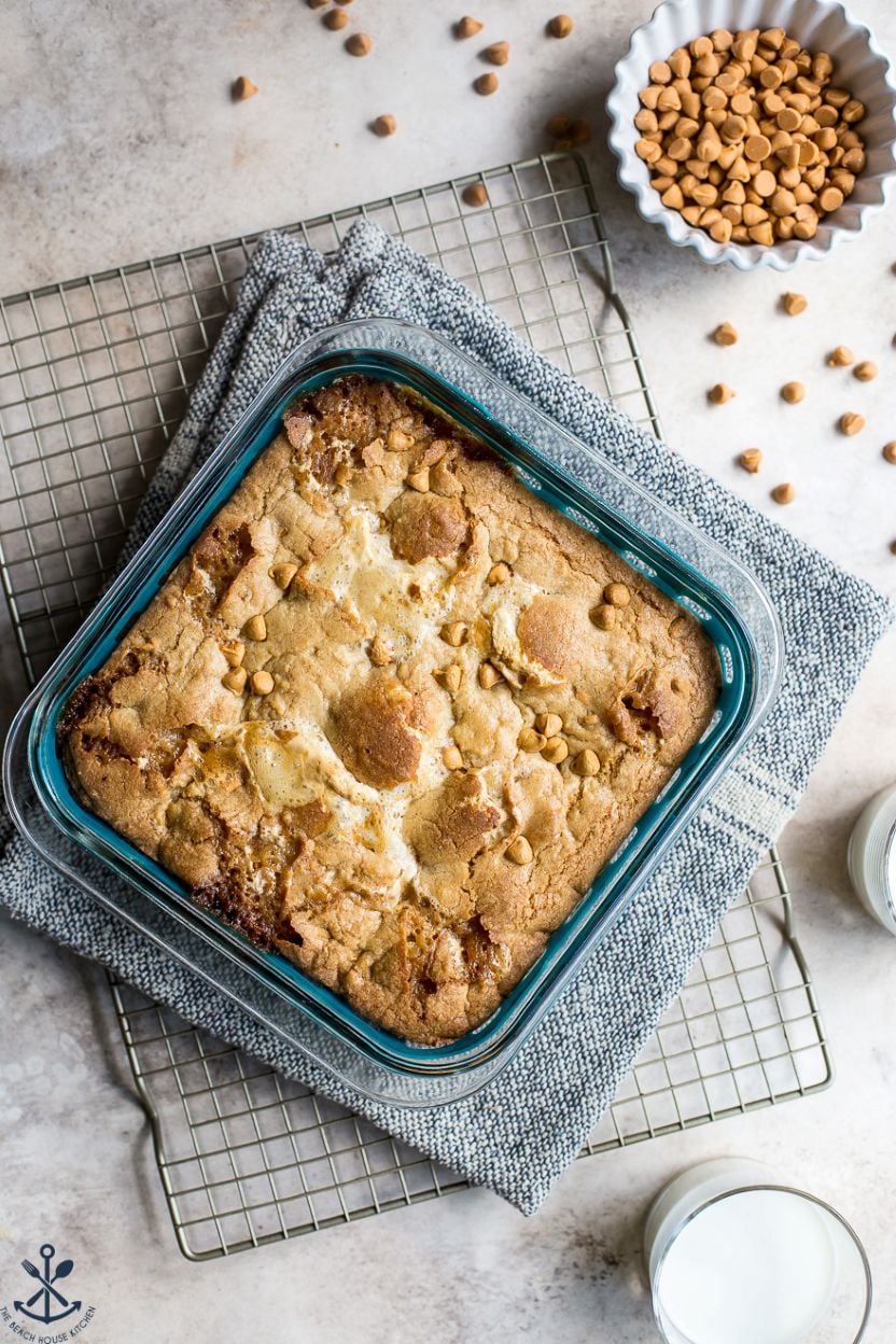 Overhead photo of a square baking dish of marshmallow butterscoth blondies