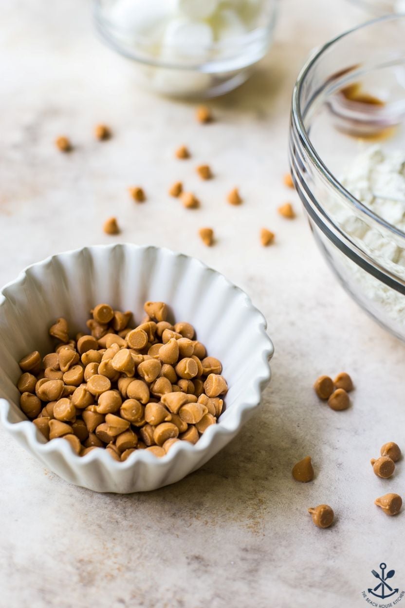 Up close photo of a bowl of butterscotch morsels
