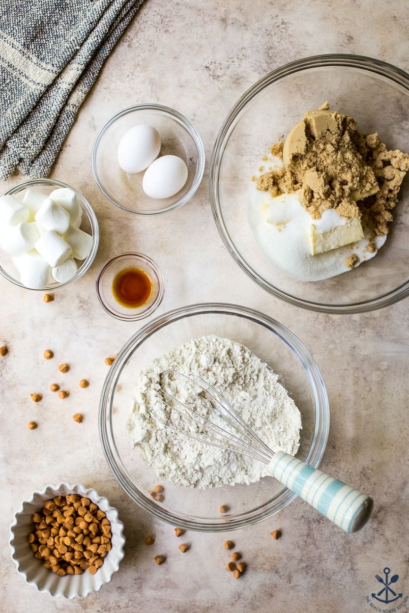 Overhead photo of ingredients in bowls for marshmallow butterscotch blondies