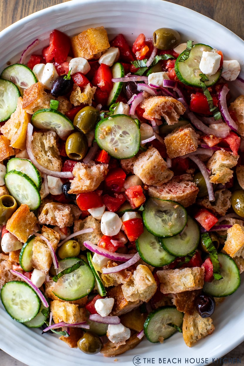 Up close overhead photo of a panzanella salad