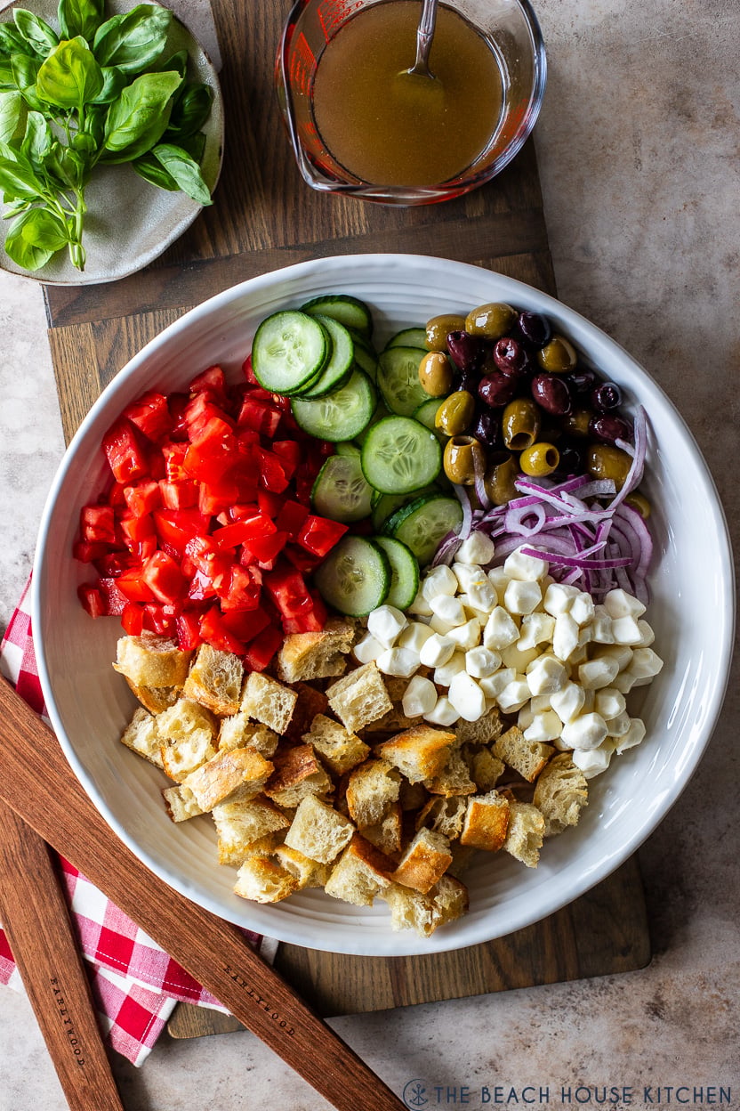 Overhead photo of pre-mixed panzanella salad