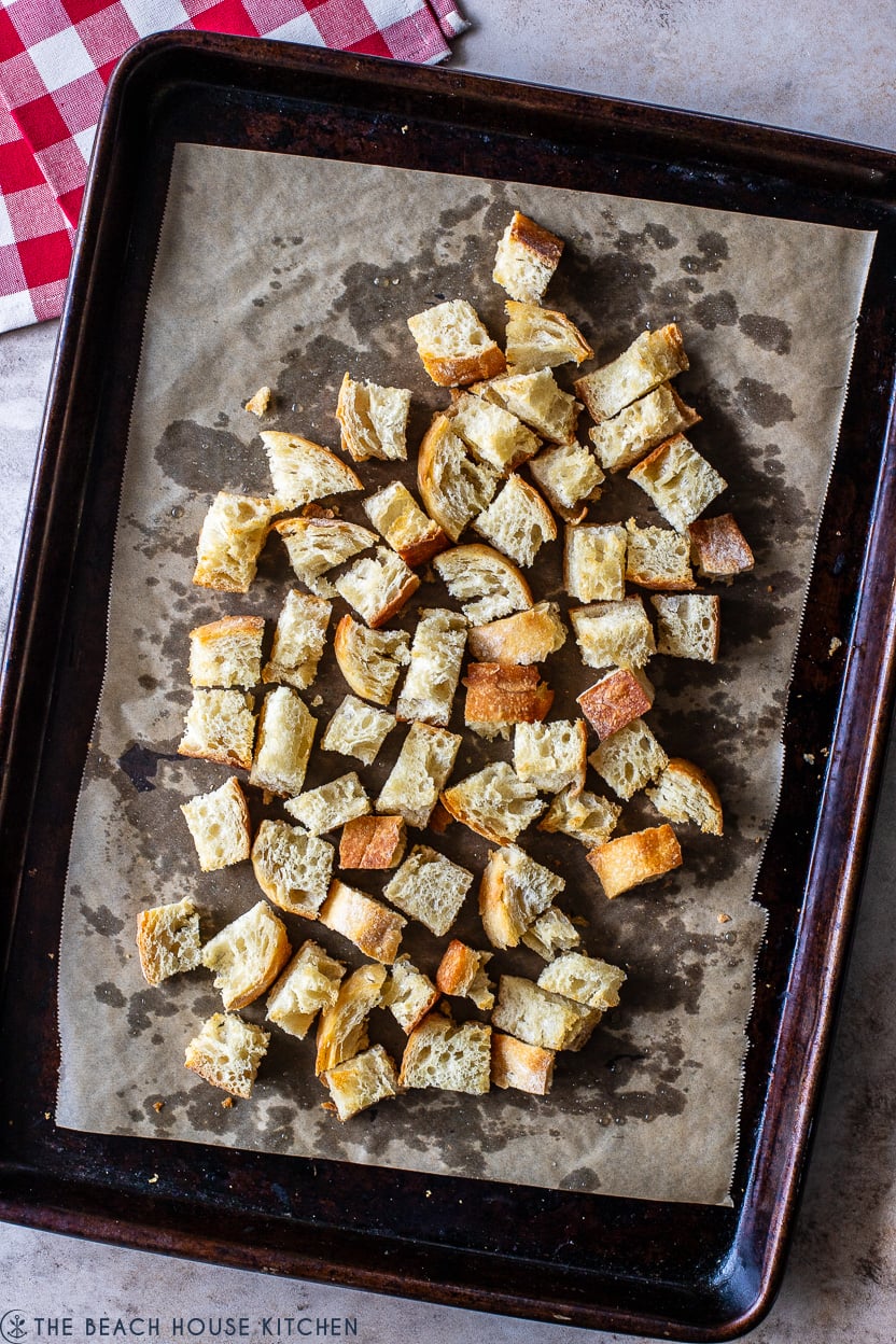 Overhead photo of a tray for toasted ciabatta bread cubes