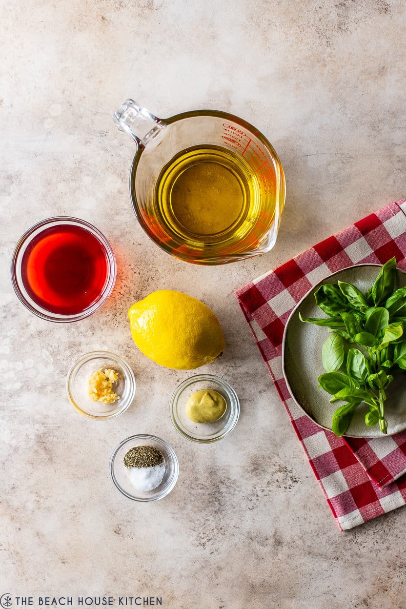 Overhead photo of ingredients for vinaigrette dressing