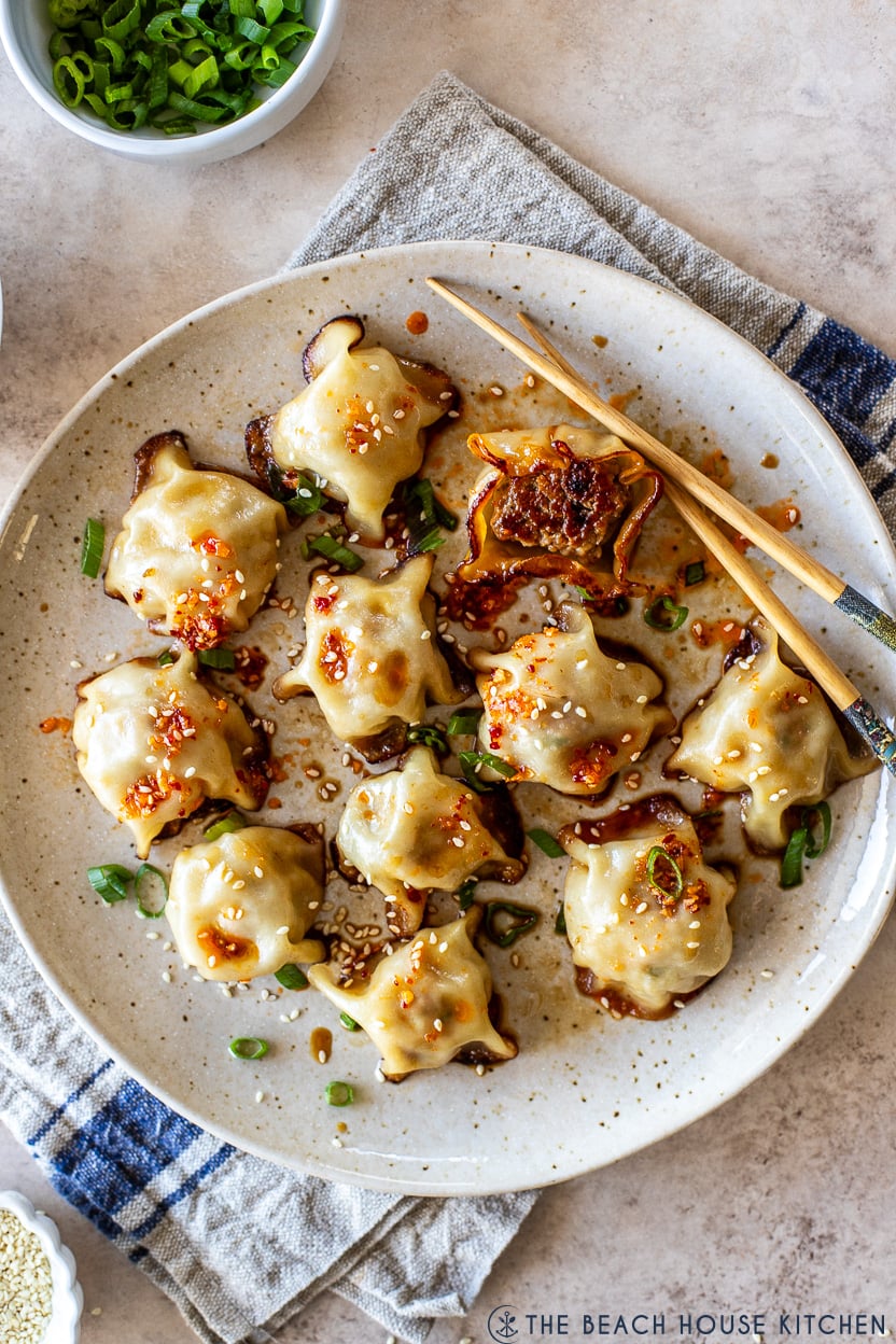 Up close overhead photo of a plate of the Viral Blanket Dumplings