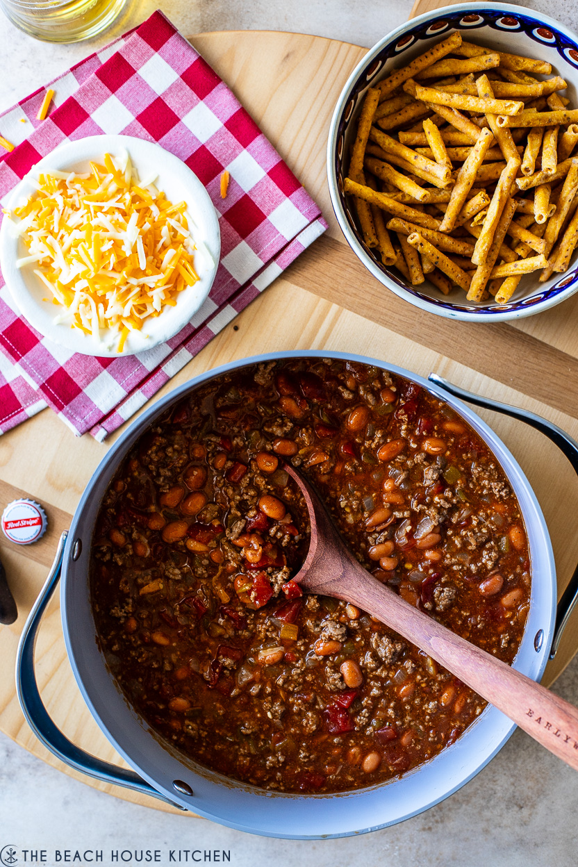 Overhead photo of a pot of beef enchilada chili