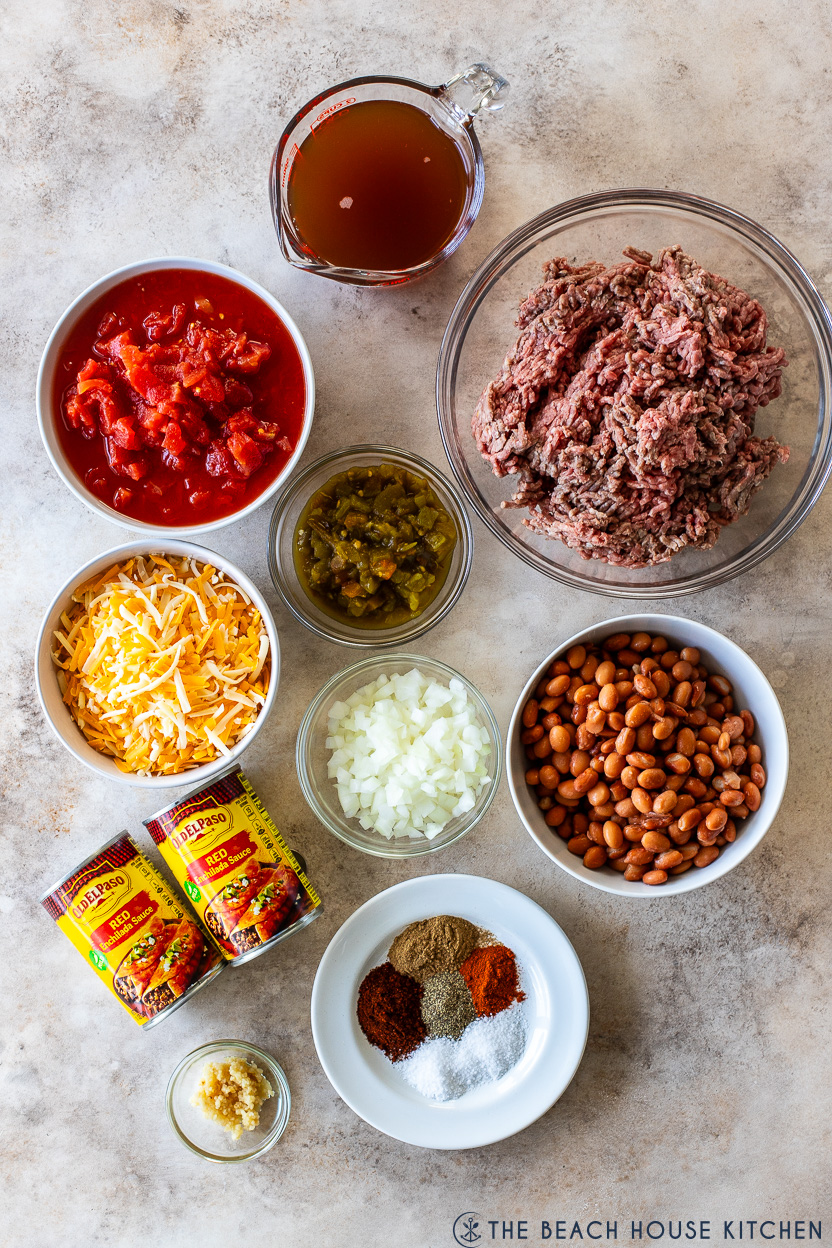 Overhead photo of ingredients for beef enchilada chili