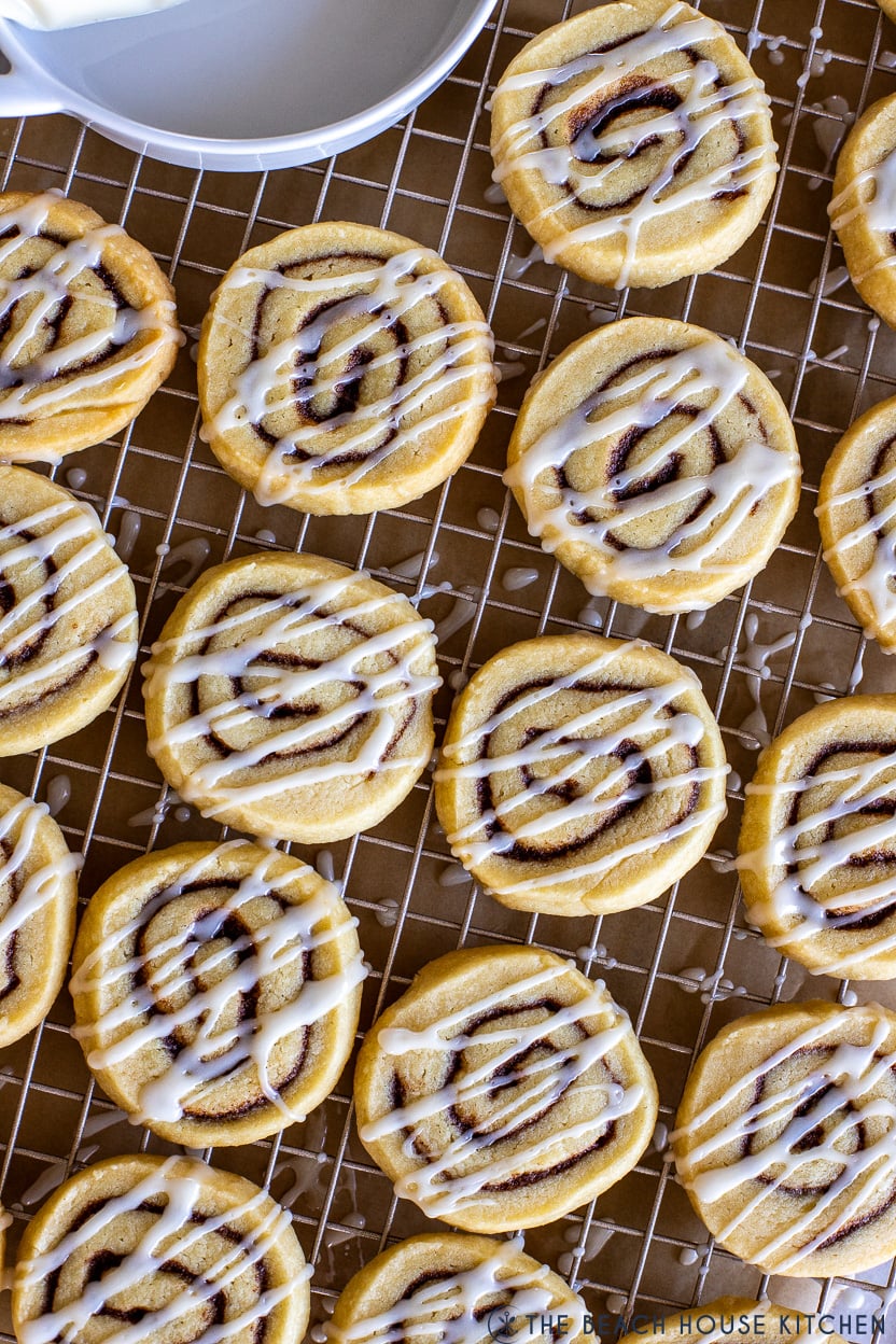 Up close photo of glazed cinnamon roll cookies