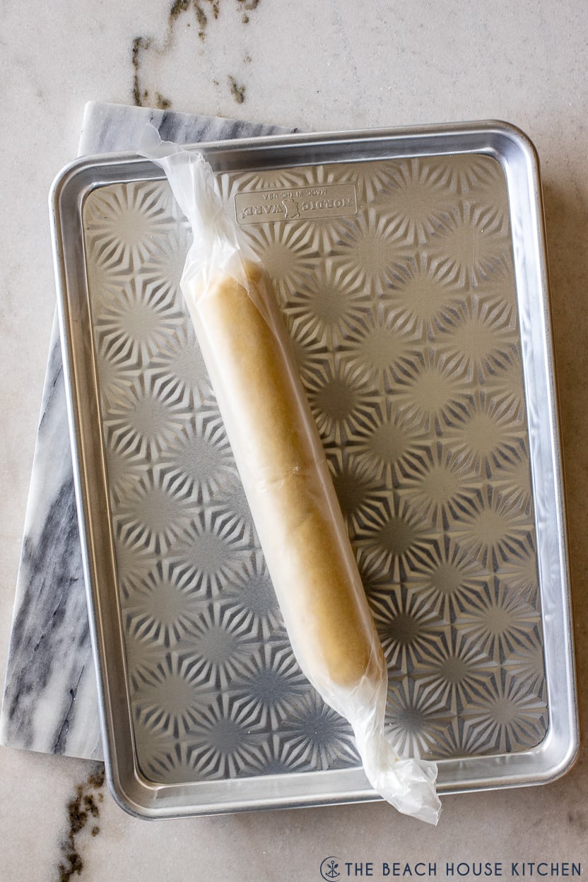 Overhead photo of a log of slice and bake cookie dough